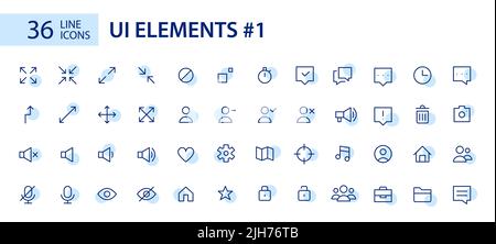Simple line art UI elements icons set. Arrows, file type, clock, messages etc. Pixel perfect, editable stroke Stock Vector
