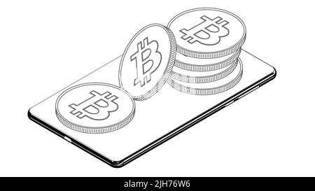 Isometric smartphone with bitcoin btc coins outline isolated on white background. Vector illustration. Stock Vector