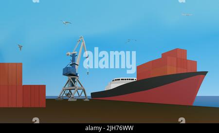 Container ship in port and cargo crane. Vector illustration. Stock Vector