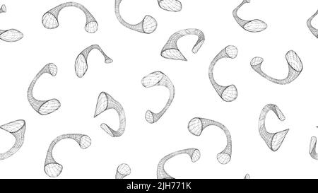 Seamless pattern of wireframe 3d shapes on white background. Curl pattern. Vector illustration. Stock Vector