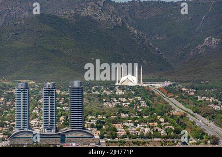 aerial vew of  islamabad , bird eye view of capital city , cityscape photography , faisal masjid, pakistan ,The Centaurus Mall Stock Photo