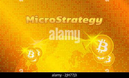 Banner MicroStrategy Incorporated with planet Earth and BTC coins on gold background. Company that buys bitcoins and other digital coins and pushes ma Stock Vector