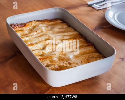 Cannelloni Ripieni di Carne in Bianco alla Umbra, Pasta Stuffed with a White Meat Ragout in the Style of Umbria Stock Photo
