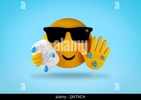 wash your hands cool emoji character washing hands with soap wearing sunglasses, cleaning hands to prevent the spread of virus, student youth concept Stock Photo