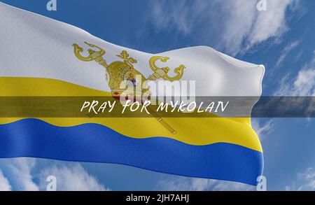 Flag of Mykolaiv, Pray for Mykolaiv region of Ukraine, pray for Ukraine,  flag Ukraine region and blue sky background, 3D work and 3D illustration Stock Photo