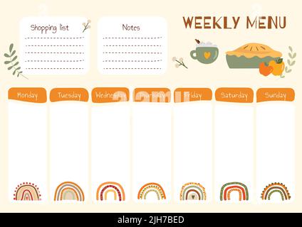 Daily shopping list in vector for every day meal menu. Food planner for healthy nutrition Stock Vector