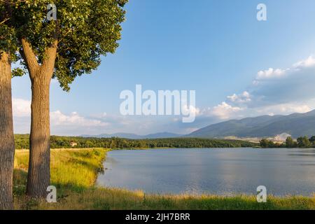Deciduous green trees grow on rocky ledge above turquoise clear lake, against backdrop of large mountain range covered with mountain vegetation and sp Stock Photo
