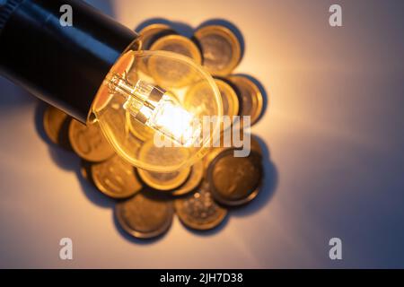 Low consumption ecological bulb on coins that represent the high cost of electricity. Stock Photo