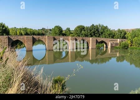 Brinas Bridge over Ebro River in Haro, La Rioja, sunny day of summer Stock Photo