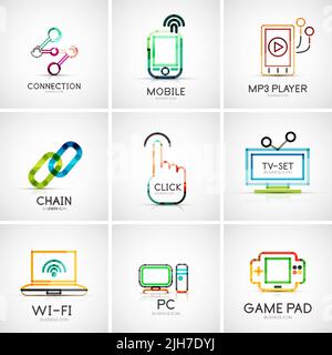 Set of various company logos, business icons. Connection chain mobile phone mp3 player click hand finger pointer tv set wifi pc laptop gamepad Stock Vector