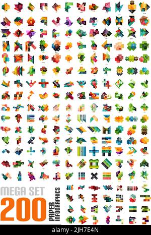 Mega set of infographic templates made of pieces of paper - 200 designs - stripes, ribbons, lines. For banners, business backgrounds, presentations Stock Vector
