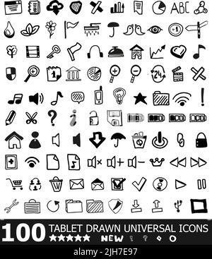 100 hand drawn web universal icons | vector black icon set isolated on white Stock Vector