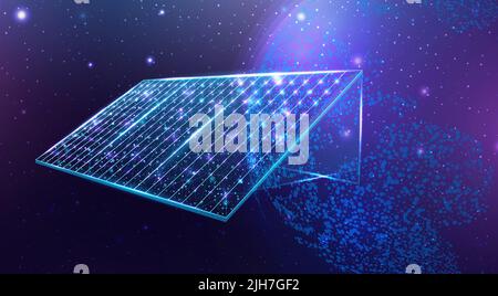 Solar battery, solar panel. Renewable alternative energy concept with glowing low poly panel on dark blue background. Wireframe low poly design. Abstr Stock Vector