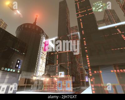 Cyberpunk city at night - 3D illustration of dark towering futuristic ...