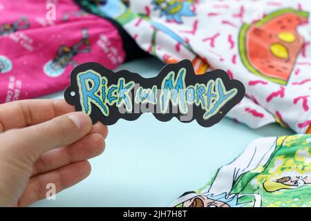 Tyumen, Russia-May 11, 2022: Rick and Morty adult animated science fiction sitcom. Clothing with a logo Stock Photo