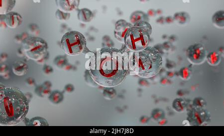 Water molecules, Molecular chemical formula H2O, odorless, Ball and Stick chemical structure model, Macro Liquid Bubbles, particles inside droplet, Stock Photo