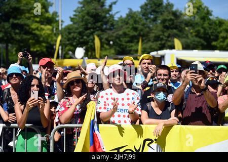 Illustration picture shows spectators pictured at the start of stage fourteen of the Tour de France cycling race, from Saint-Etienne to Mende (195 km), France, on Saturday 16 July 2022. This year's Tour de France takes place from 01 to 24 July 2022. BELGA PHOTO DAVID STOCKMAN - UK OUT Stock Photo
