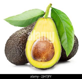 Avocados Hass with slice avocado on branch with leaves isolated on white background. Stock Photo