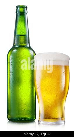 Opened green bottle of cold beer with beer glass isolated on a white background. File contains clipping path. Stock Photo