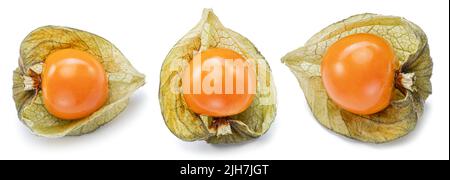 Three ripe physalis or golden berry fruits in calyx isolated on white background. Stock Photo