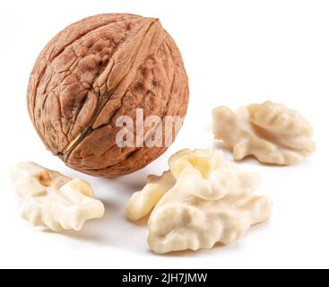 Walnut and walnut kernel isolated on white background. Stock Photo