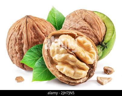 Whole walnut and walnut kernel with leaves isolated on white background. Stock Photo