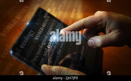 Social media on display with Ecology, environment and climate crisis. Searching on tablet, pad, phone or smartphone screen in hand. Abstract concept o Stock Photo