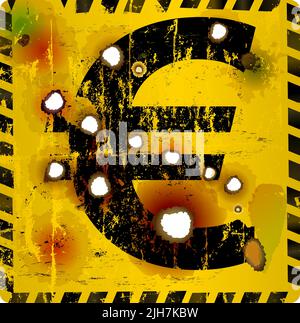 Grungy EURO currency sign with bullet holes, euro under pressure due to ukraine war, vector illustration Stock Vector