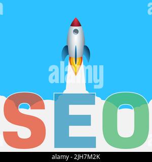 SEO concept with space rocket launching into blue sky, vector illustration Stock Vector