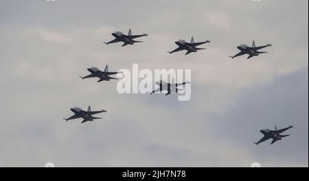 The “Black Eagles” are the current Republic of Korea Air Force aerobatic display team flying eight black, white and gold colored KAI T-50B “Golden Eag Stock Photo