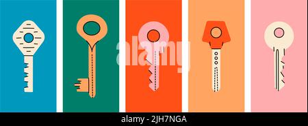 Set of various house keys. Colored posters with hand drawn house keys. Different door keys isolated on colored background. Home security illustration Stock Vector
