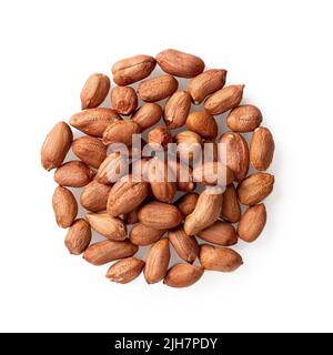 Heap of raw peeled peanuts isolated on a white background. Pile of organic groundnut or monkey nut cutout. Arachis hypogaea edible seeds. Top view. Stock Photo