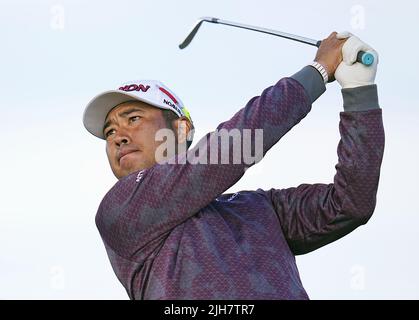 Hideki Matsuyama of Japan hits off the 11th tee during the second round of the British Open golf championship on July 15, 2022, on the Old Course at St. Andrews, Scotland. (Kyodo)==Kyodo Photo via Credit: Newscom/Alamy Live News
