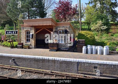 One of the platforms at Arley station on the Severn Valley Railway during its spring gala 2022. Stock Photo