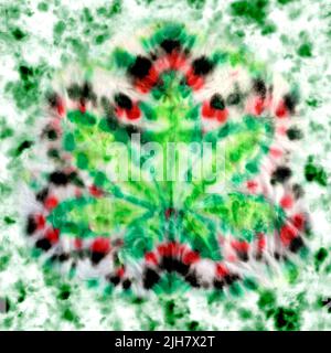 Tie dye marijuana leaves seamless pattern. Hand painted colorful elements on green and white tie-dye background. Abstract texture. Concept of the lega
