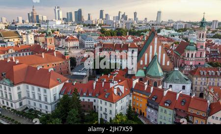 Aerial view of Old Town, Royal Castle and the town centre in Warsaw, with skyscrapers in the distance, Warsaw old and new, Poland Stock Photo