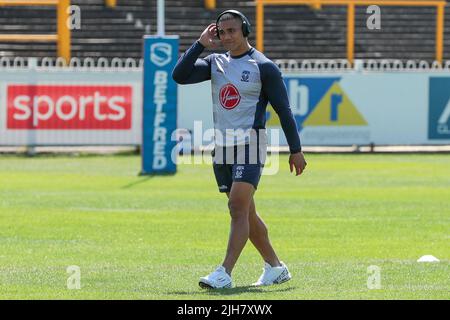 Halifax, UK. 16th July, 2022. Former Castleford Tigers player Peter Matautia arrives at his old ground with his new club Warrington during the Betfred Championship match between Halifax Panthers and York City Knights at the Shay Stadium, Halifax, UK on 11 July 2022. Photo by Simon Hall. Editorial use only, license required for commercial use. No use in betting, games or a single club/league/player publications. Credit: UK Sports Pics Ltd/Alamy Live News Stock Photo