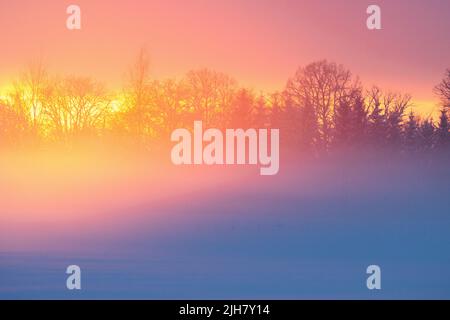 A wintry sunset with vibrant light reflecting on rising mist Stock Photo