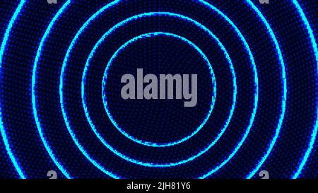 Abstract radial motion lines circles blue glowing neon luminous lighting effect bright energy rays with dots particles on dark background. Vector illu Stock Vector