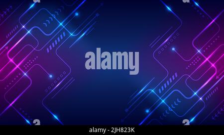 Abstract technology connection data concept circuit lines board with nodes and geometric elements lighting effect on blue background. Vector illustrat Stock Vector
