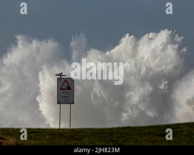 North Atlantic portuguese coast during winter seeing big wave splash and warning sign Stock Photo