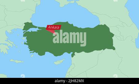 Map of Turkey with pin of country capital. Turkey Map with neighboring countries in green color. Stock Vector