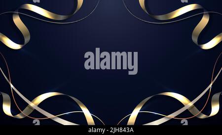 Abstract 3D elegant golden ribbon wave curved lines frame and lighting effect on dark blue background. Luxury style. Vector illustration Stock Vector