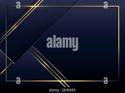 Abstract 3D blue and golden stripes triangles shapes with shiny gold frame lines lighting effect on dark background template luxury style. Vector illu Stock Vector