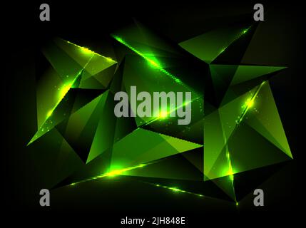 Abstract futuristic technology concept with green polygonal pattern and glow lighting on dark background. Digital connection structure. Vector illustr Stock Vector