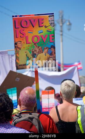 Trans Pride Brighton & Hove Protest March processing along the seafront,  Brighton & Hove. Placard reading LOVE IS LOVE. 16 July 2022.  Credit: J. Marshall / Alamy Live News Stock Photo