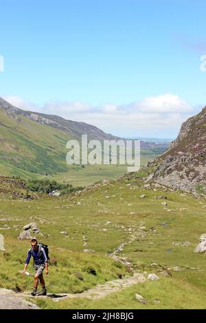Male Walker Ascends The Track Towards Llyn Bochlwyed With Nant Ffrancon Valley In Distance Stock Photo