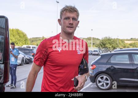 Joe Worrall #4 of Nottingham Forest arrives at Oakwell Stock Photo