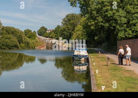 2022. A view from the bottom of the Caen Hill Locks on the Kennet and Avon canal, Wiltshire, UK. Stock Photo