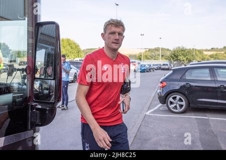 Barnsley, UK. 16th July, 2022. Joe Worrall #4 of Nottingham Forest arrives at Oakwell in Barnsley, United Kingdom on 7/16/2022. (Photo by Mark Cosgrove/News Images/Sipa USA) Credit: Sipa USA/Alamy Live News Stock Photo